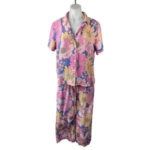 Zudio Women's Multicolor Floral Button Up Shirt Pants Sleepwear Pajama Set M/L